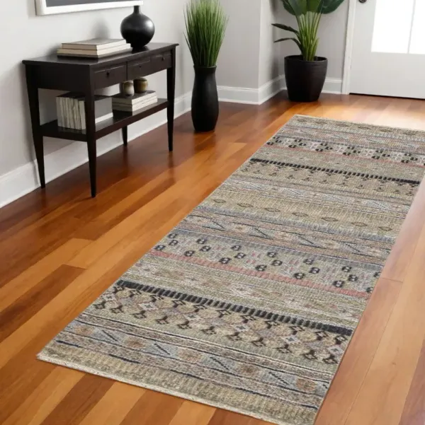 8' Striped Hand Knotted Runner Rug - Tan Blue And Orange