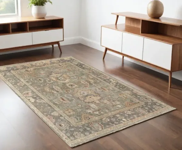 4' x 6' Wool Oriental Hand Knotted Area Rug With Fringe - Gray And Gold