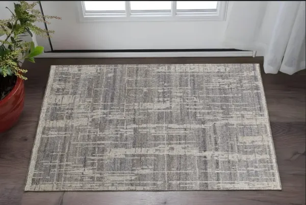 2' x 3' Wool Abstract Hand Knotted Worn Faded Area Rug - Gray And Ivory