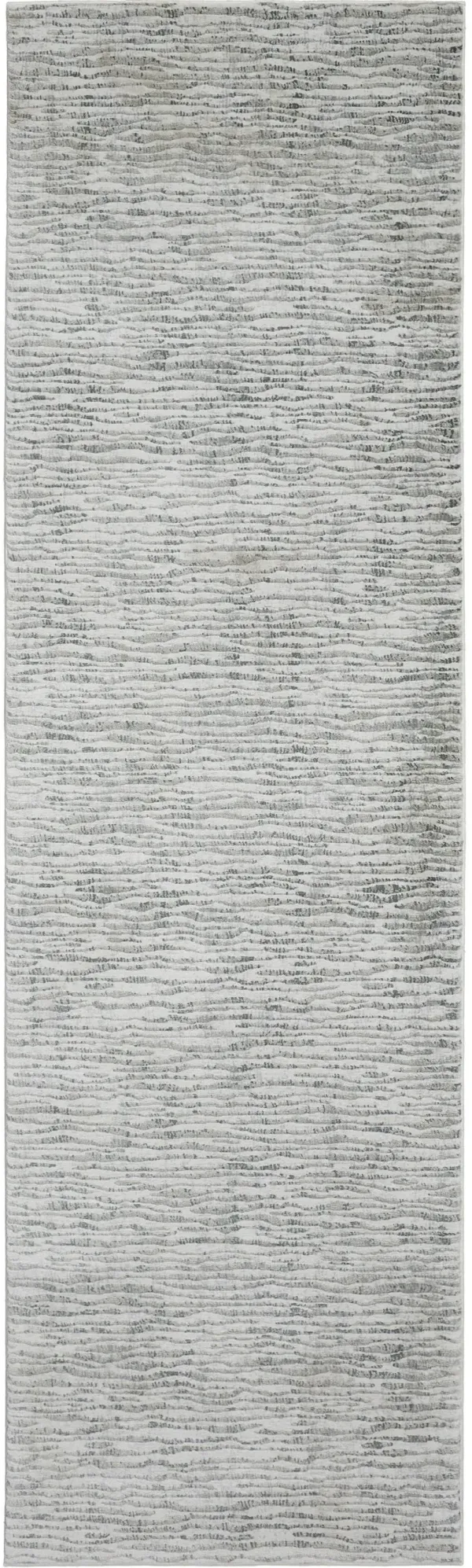 8' Abstract Power Loom Worn Faded Polypropylene Runner Rug - Ivory Gray And Green