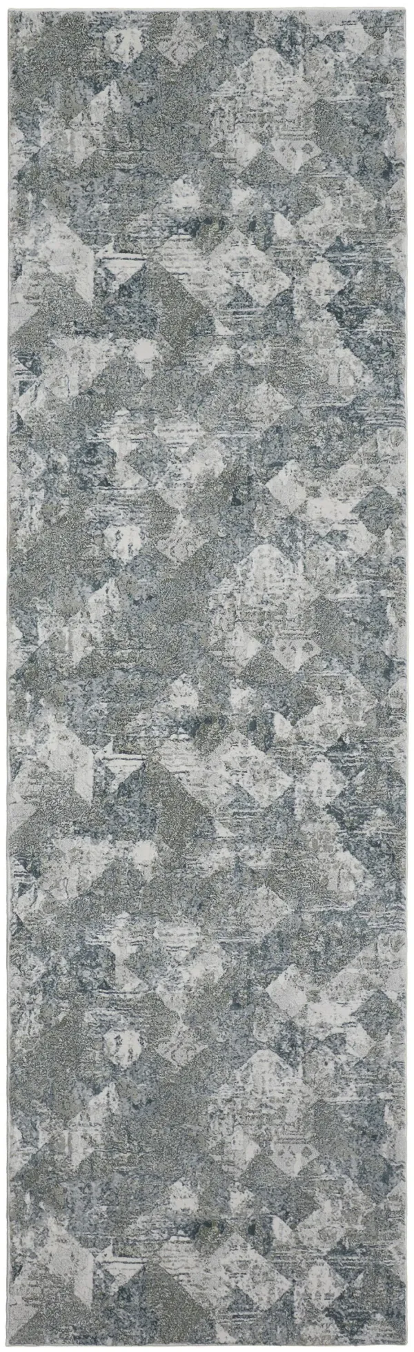 10' x 2.7' Abstract Power Loom Worn Faded Polypropylene Runner Rug - Ivory Gray And Green