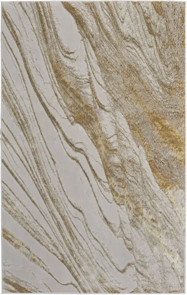 10' x 13' Abstract Power Loom Area Rug - Ivory Brown And Gold