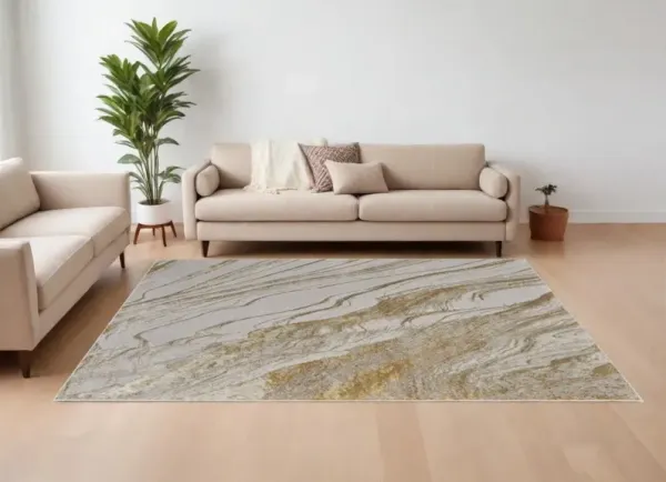 12' x 15' Abstract Power Loom Area Rug - Ivory Brown And Gold