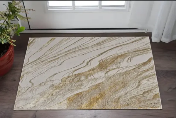 2' x 3' Abstract Power Loom Area Rug - Ivory Brown And Gold