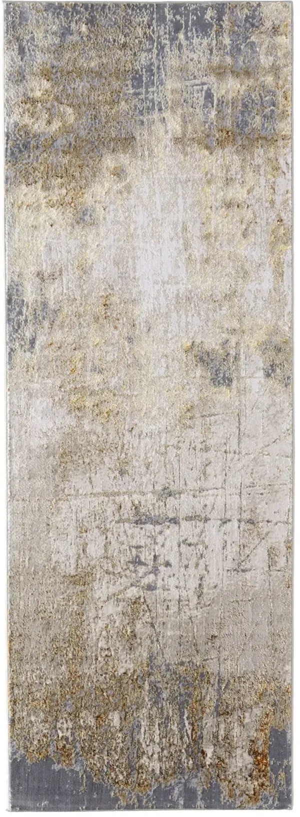 8' Abstract Power Loom Worn Faded Runner Rug - Ivory Gray And Brown