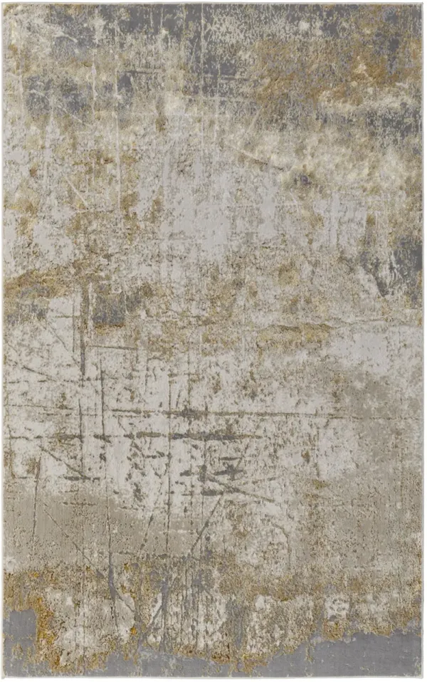 12' x 18' Abstract Power Loom Worn Faded Area Rug - Ivory Gray And Brown