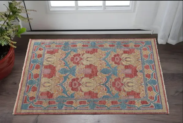 2' x 3' Wool Oriental Hand Knotted Area Rug - Blue Red And Yellow
