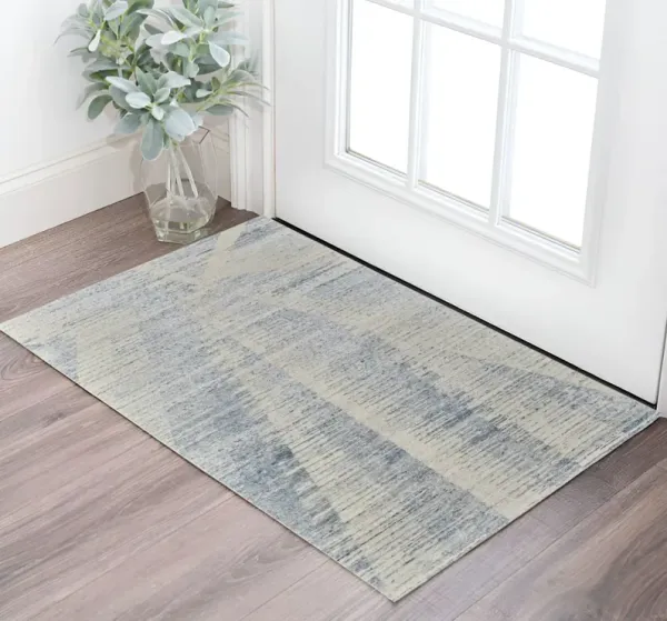 2' x 3' Abstract Hand Knotted Worn Faded Area Rug - Ivory And Blue