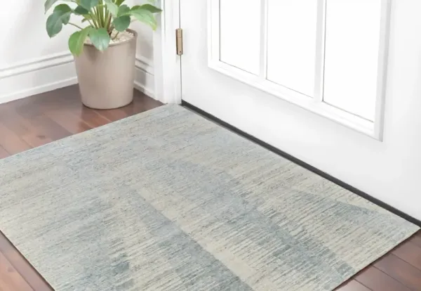 2' x 3' Abstract Hand Knotted Worn Faded Area Rug - Blue And Ivory