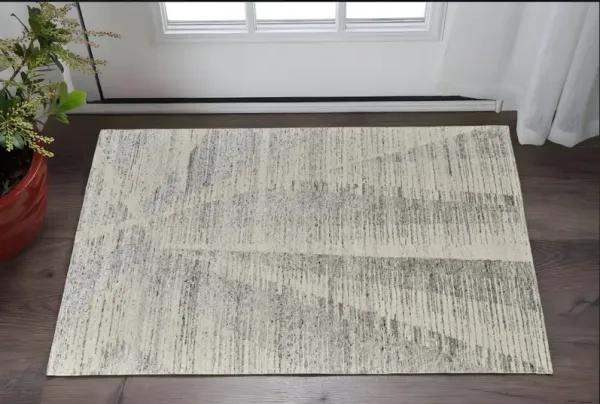 2' x 3' Abstract Hand Knotted Worn Faded Area Rug - Ivory And Gray