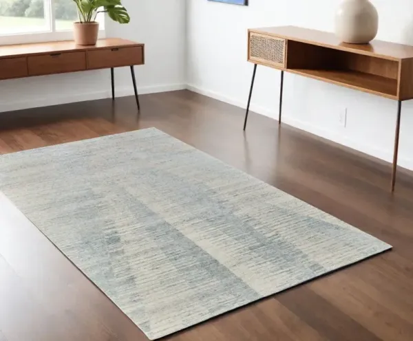 4' x 6' Abstract Hand Knotted Worn Faded Area Rug - Ivory And Blue