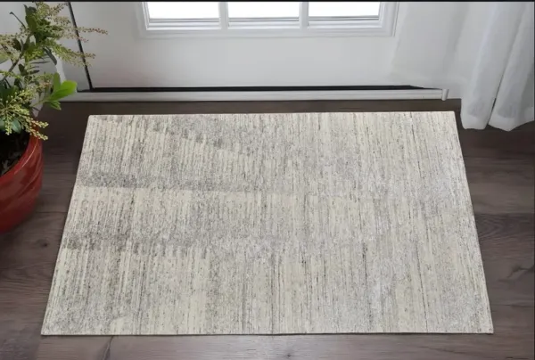 2' x 3' Abstract Hand Knotted Worn Faded Area Rug - Gray And Ivory