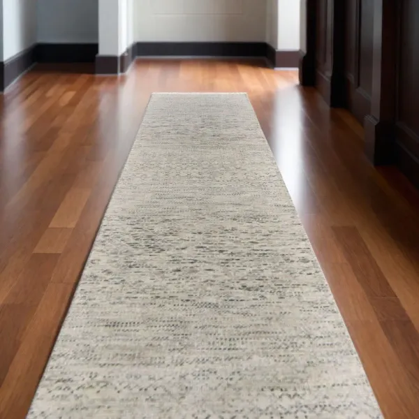 12' Wool Hand Knotted Runner Rug With Fringe - Ivory And Gray