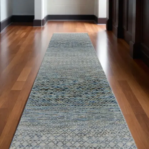 10' Wool Hand Knotted Runner Rug With Fringe - Ivory Blue And Brown