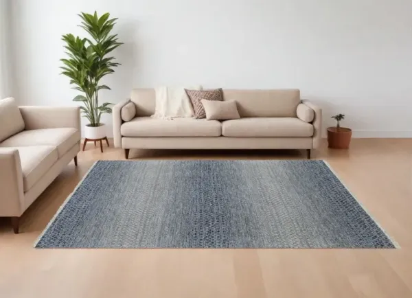 6' x 9' Wool Hand Knotted Area Rug With Fringe - Ivory Gray And Blue