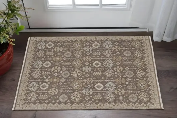 2' x 3' Wool Oriental Hand Knotted Area Rug With Fringe - Tan And Brown