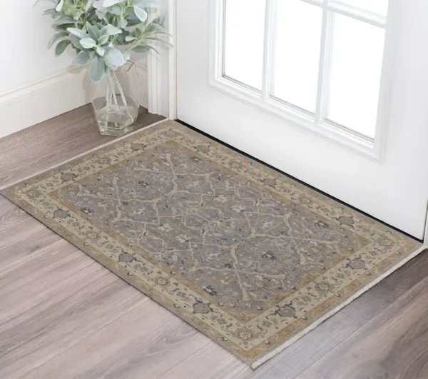 2' x 3' Wool Oriental Hand Knotted Area Rug With Fringe - Tan And Gray