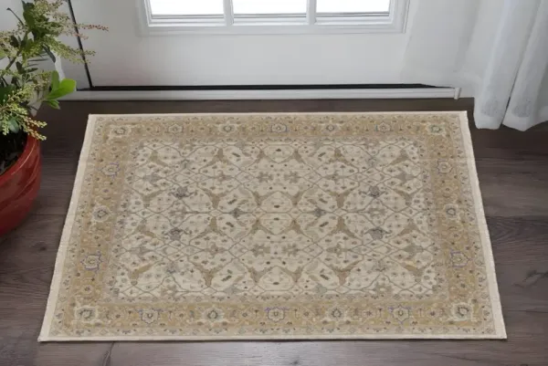 2' x 3' Wool Oriental Hand Knotted Area Rug With Fringe - Ivory Gray And Tan