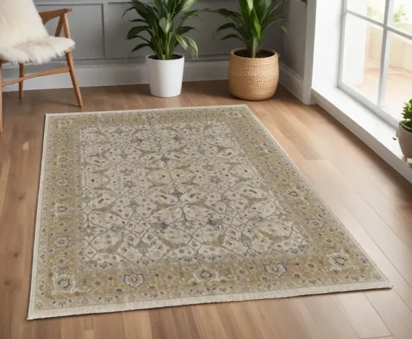 4' x 6' Wool Oriental Hand Knotted Area Rug With Fringe - Ivory Gray And Tan