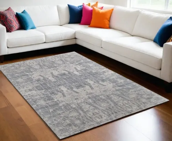 5' x 8' Casual Abstract Hand Woven Worn Faded Wool Blend Area Rug - Gray And Silver