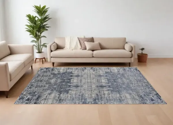 9' x 12' Abstract Hand Woven Worn Faded Area Rug - Ivory And Blue