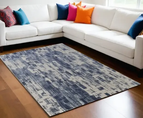 5' x 8' Abstract Hand Woven Worn Faded Area Rug - Ivory And Blue