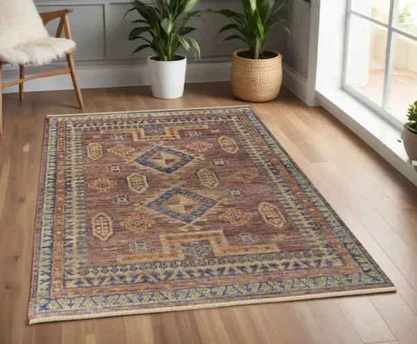 4' x 6' Wool Geometric Hand Knotted Area Rug With Fringe - Blue Red And Tan