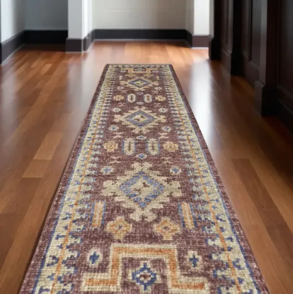 12' Wool Geometric Hand Knotted Runner Rug With Fringe - Blue Red And Tan