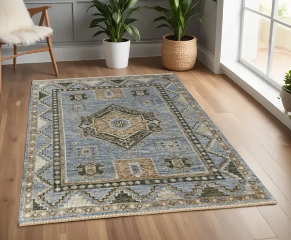 4' x 6' Wool Oriental Hand Knotted Area Rug With Fringe - Ivory Tan And Blue