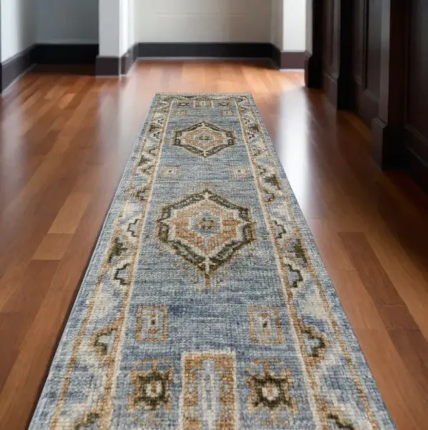 14' Wool Oriental Hand Knotted Runner Rug With Fringe - Ivory Tan And Blue