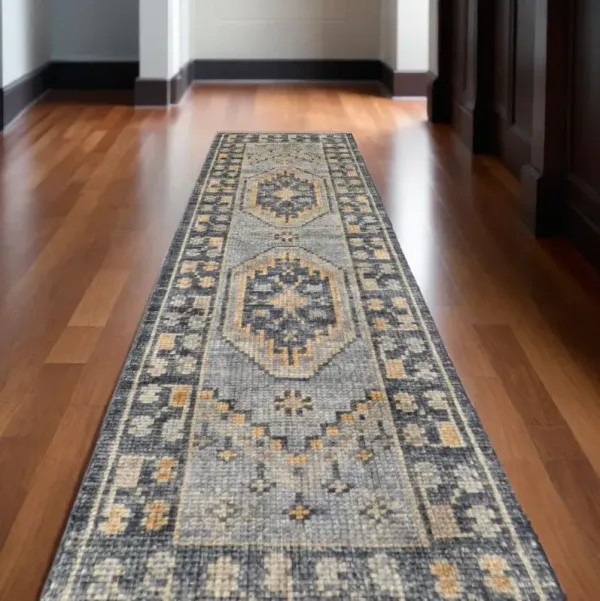 14' Wool Oriental Hand Knotted Runner Rug With Fringe - Blue Gray And Tan