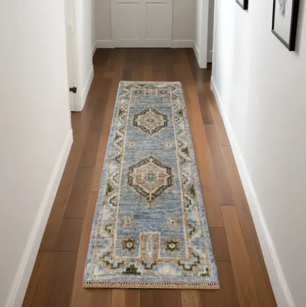 8' Wool Oriental Hand Knotted Runner Rug With Fringe - Ivory Tan And Blue