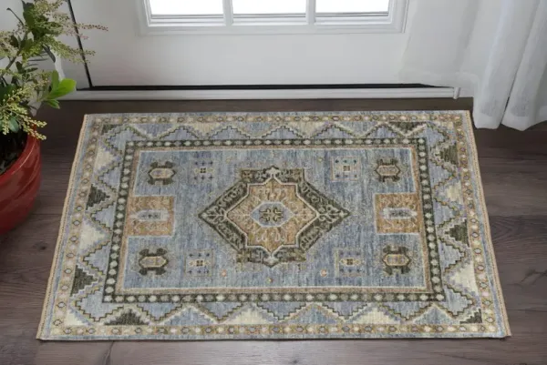 2' x 3' Wool Oriental Hand Knotted Area Rug With Fringe - Ivory Tan And Blue