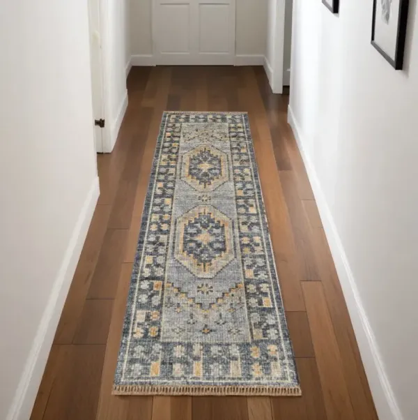 8' Wool Oriental Hand Knotted Runner Rug With Fringe - Blue Gray And Tan