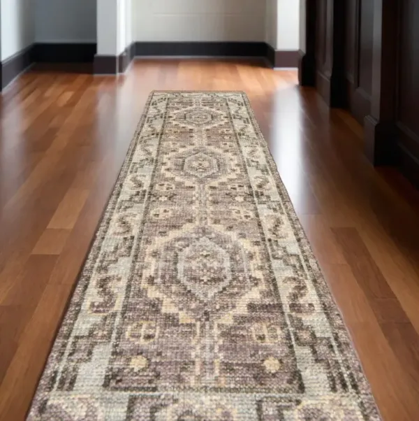 14' Wool Geometric Hand Knotted Runner Rug With Fringe - Ivory Gray And Brown