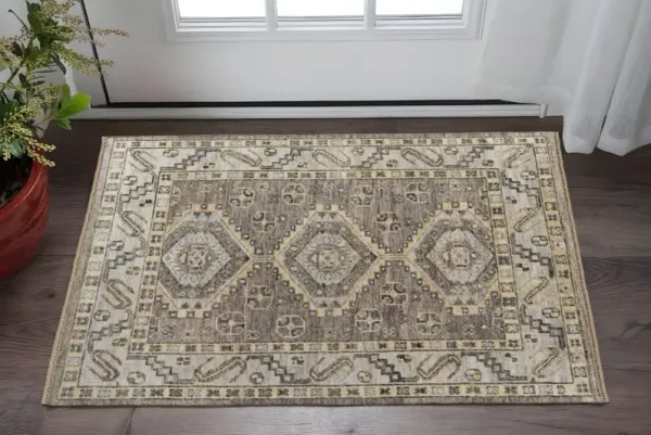 2' x 3' Wool Geometric Hand Knotted Area Rug With Fringe - Gray And Brown