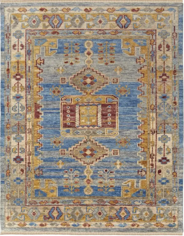 3' x 5' Wool Geometric Hand Knotted Area Rug With Fringe - Blue Red And Yellow