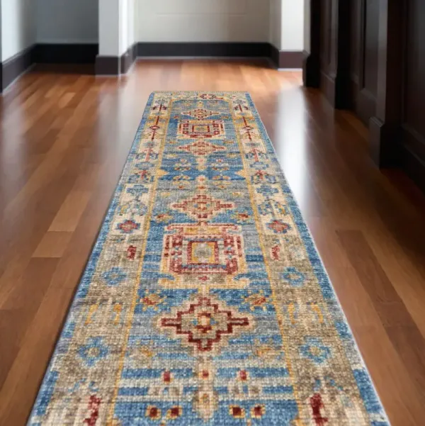 10' Wool Geometric Hand Knotted Runner Rug With Fringe - Blue Red And Yellow