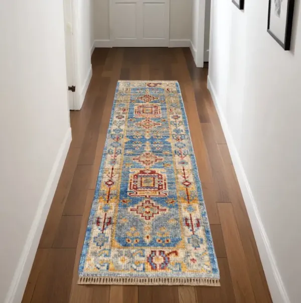 8' Wool Geometric Hand Knotted Runner Rug With Fringe - Blue Red And Yellow