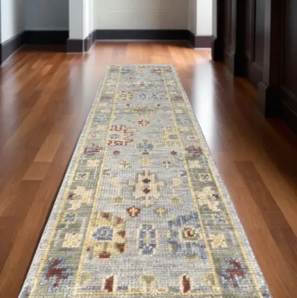 10' Wool Floral Hand Knotted Runner Rug With Fringe - Light Blue And Taupe