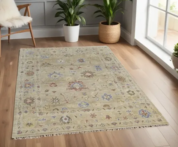 4' x 6' Wool Floral Hand Knotted Area Rug With Fringe - Tan Brown And Blue