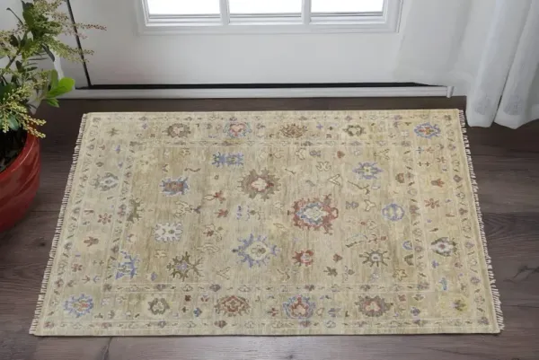 2' x 3' Wool Floral Hand Knotted Area Rug With Fringe - Tan Brown And Blue