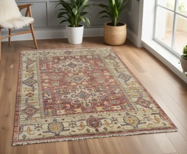 4' x 6' Wool Oriental Hand Knotted Area Rug With Fringe - Ivory Red And Gold
