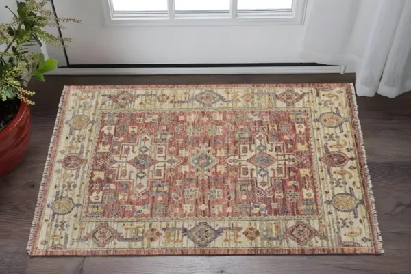 2' x 3' Wool Oriental Hand Knotted Area Rug With Fringe - Ivory Red And Gold