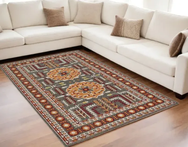 5' x 8' Oriental Power Loom Area Rug - Red Gray And Orange