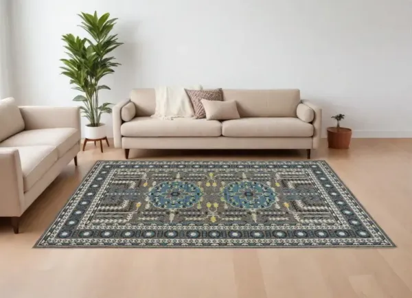 10' x 13' Oriental Power Loom Area Rug - Gray Blue And Green