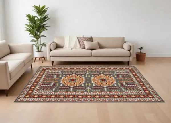 8' x 10' Oriental Power Loom Area Rug - Red Gray And Orange