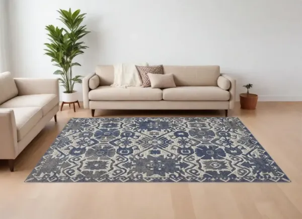 8' x 10' Oriental Power Loom Area Rug - Blue And Ivory