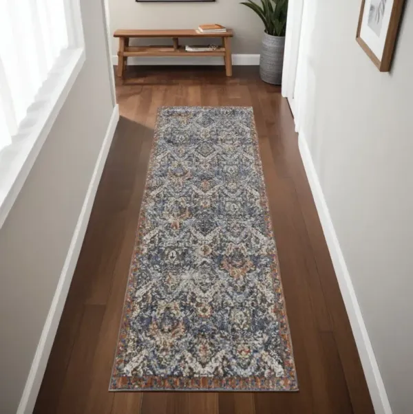 8' Floral Power Loom Runner Rug With Fringe - Ivory Blue And Brown
