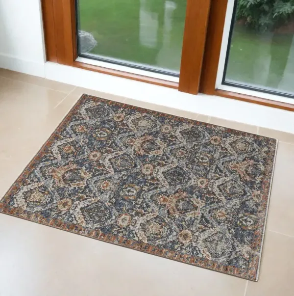 3' x 5' Floral Power Loom Area Rug With Fringe - Ivory Blue And Brown